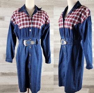 Vintage Carol Anderson Denim, Plaid Button Front Belted Dress Women's 5/6 USA